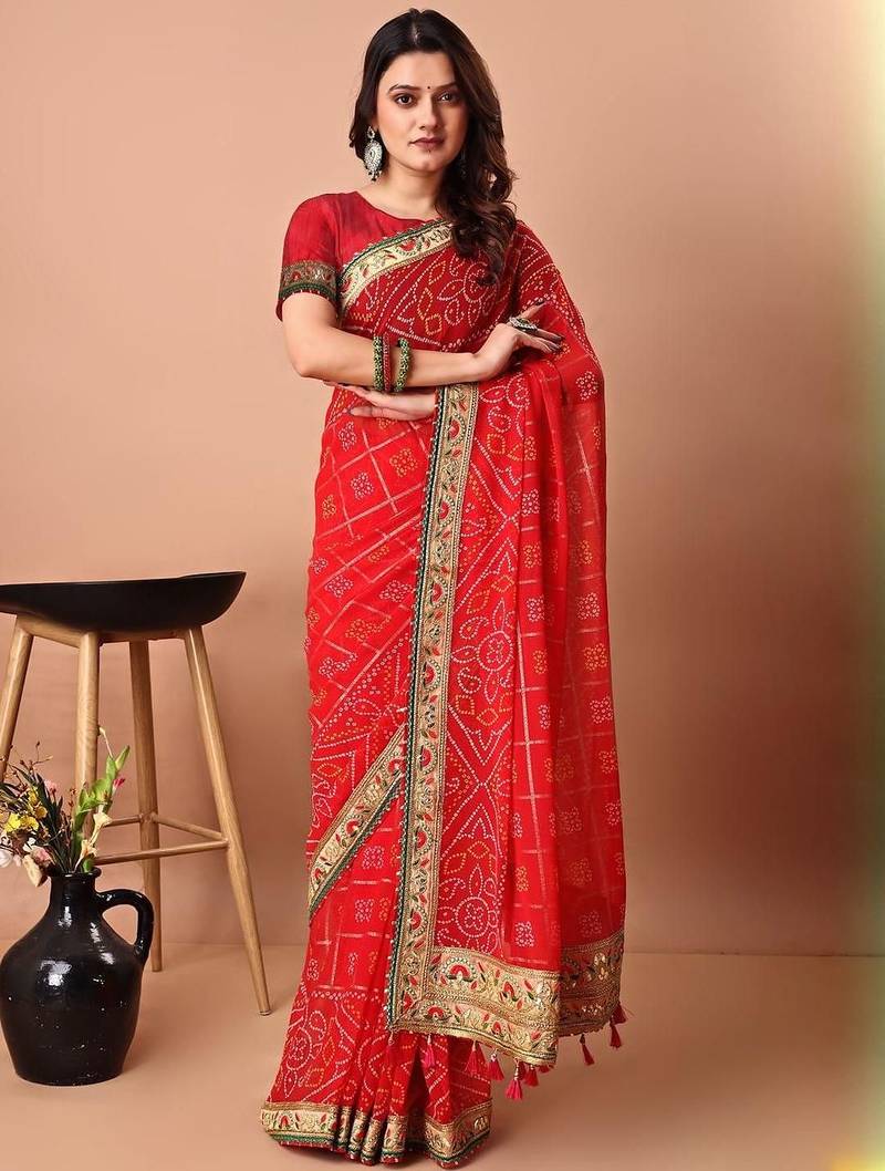 Red bandhani gotta patti poly georgette bandhani saree