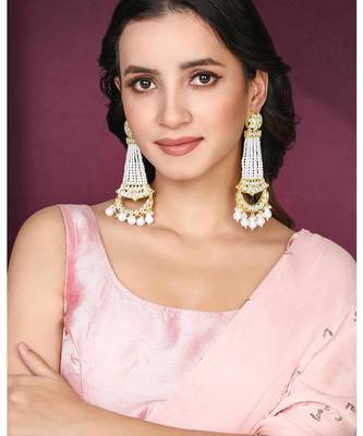 White kundan & beads studded dangle earrings ethnic jewelry 1