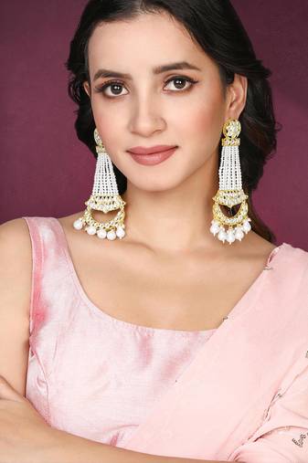 White kundan & beads studded dangle earrings ethnic jewelry