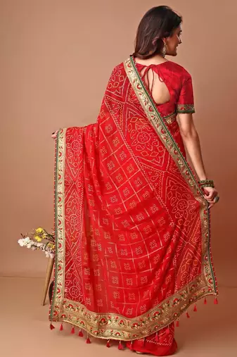 Red bandhani gotta patti poly georgette bandhani saree