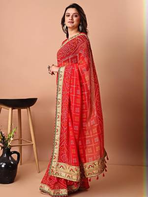 Red bandhani gotta patti poly georgette bandhani saree 3