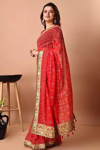Red bandhani gotta patti poly georgette bandhani saree