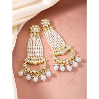 White kundan & beads studded dangle earrings ethnic jewelry 2