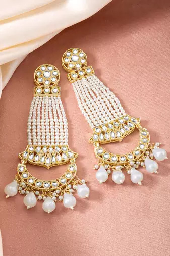 White kundan & beads studded dangle earrings ethnic jewelry