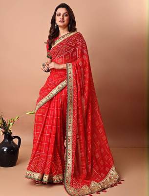Red bandhani gotta patti poly georgette bandhani saree 4