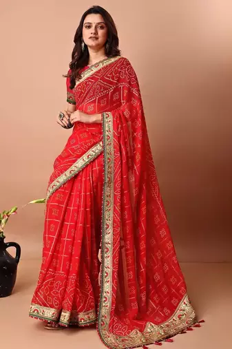 Red bandhani gotta patti poly georgette bandhani saree