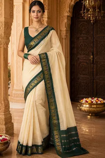 Cream woven design silk blend designer banarasi saree