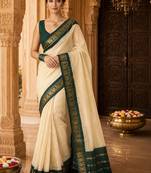 Cream woven design silk blend designer banarasi saree