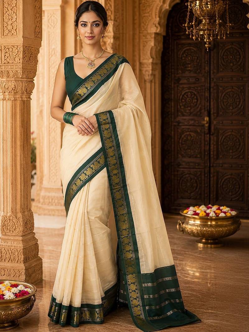 Cream woven design silk blend designer banarasi saree