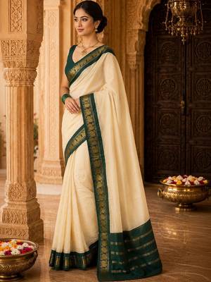 Cream woven design silk blend designer banarasi saree 2