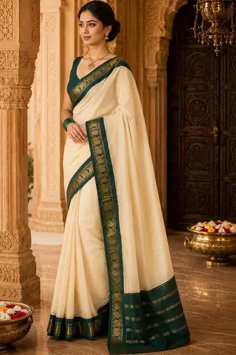 Cream woven design silk blend designer banarasi saree