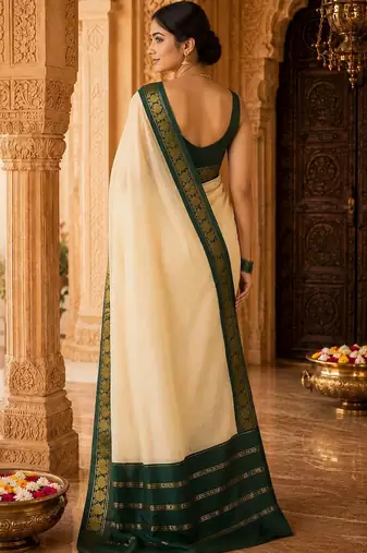 Cream woven design silk blend designer banarasi saree
