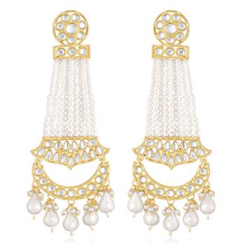 White kundan & beads studded dangle earrings ethnic jewelry 5
