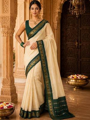 Cream woven design silk blend designer banarasi saree 4