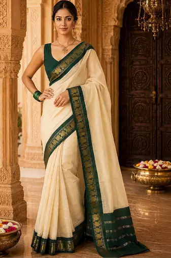 Cream woven design silk blend designer banarasi saree