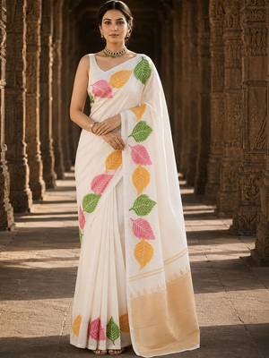 Off white woven design silk blend designer banarasi saree 1