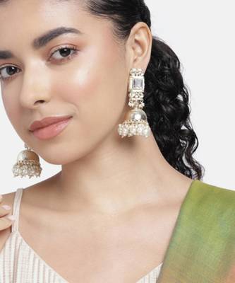 Traditional gold plated white kundan studded jhumki earrings jewelry 1