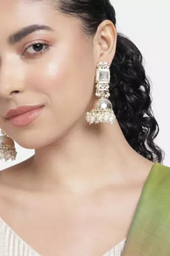 Traditional gold plated white kundan studded jhumki earrings jewelry