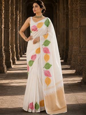 Off white woven design silk blend designer banarasi saree 4