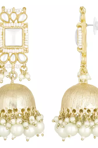 Traditional gold plated white kundan studded jhumki earrings jewelry