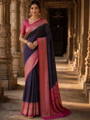 Navy blue woven design zari silk blend designer banarasi saree 1