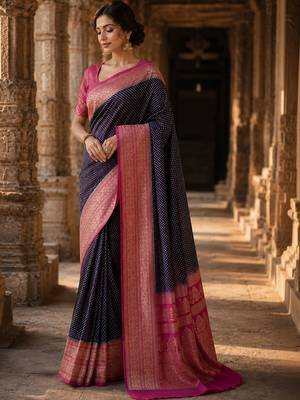 Navy blue woven design zari silk blend designer banarasi saree 2