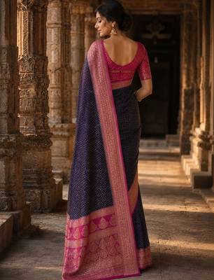 Navy blue woven design zari silk blend designer banarasi saree 3