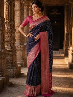 Navy blue woven design zari silk blend designer banarasi saree 4