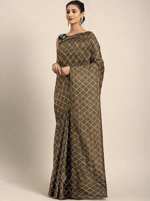 Brown brown checked sequinned dora silk saree 1