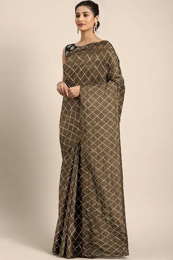 Brown brown checked sequinned dora silk saree