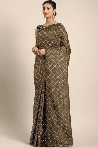 Brown brown checked sequinned dora silk saree