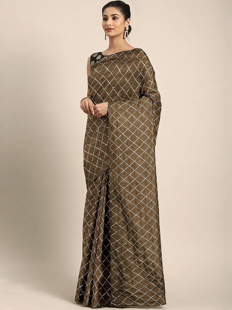 Brown brown checked sequinned dora silk saree