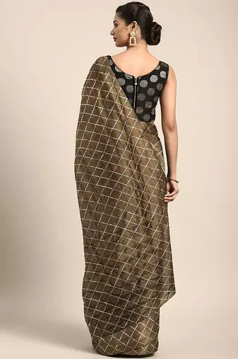 Brown brown checked sequinned dora silk saree