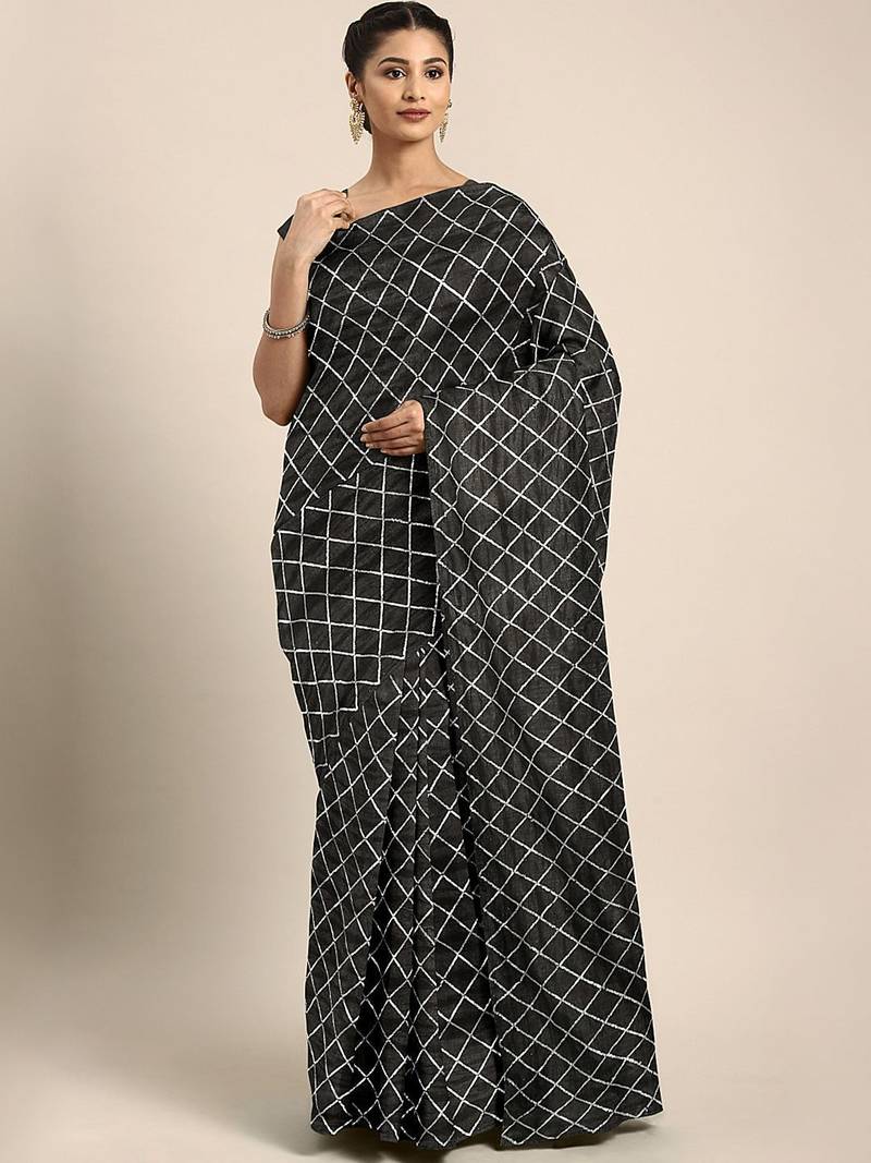 Black black checked sequinned dora silk saree