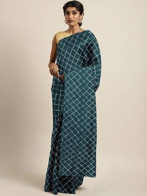 Teal teal blue checked sequinned dora silk saree 1