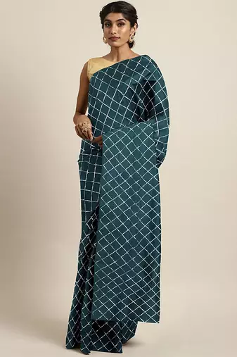 Teal teal blue checked sequinned dora silk saree