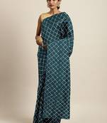 Teal teal blue checked sequinned dora silk saree