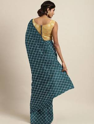 Teal teal blue checked sequinned dora silk saree 2