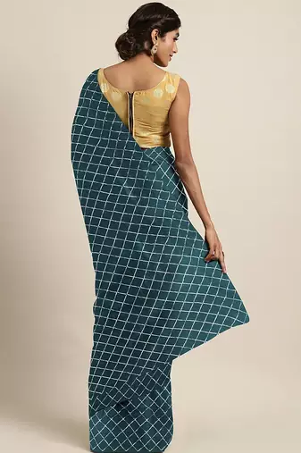 Teal teal blue checked sequinned dora silk saree
