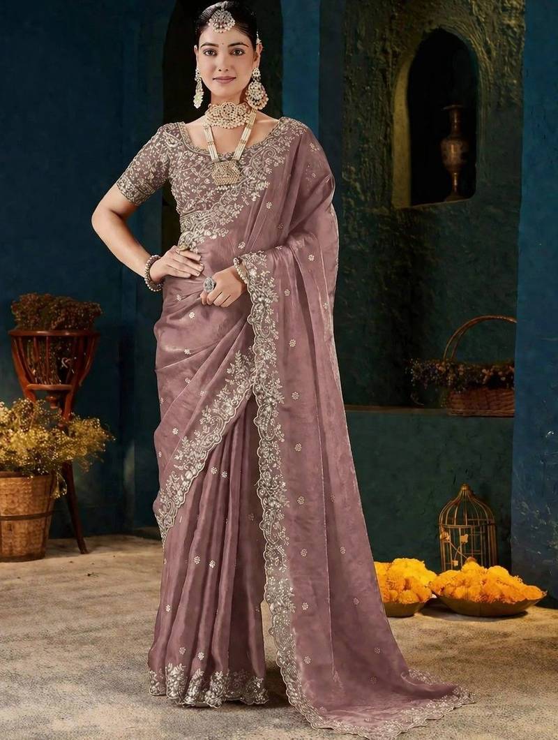 Mauve embroidered satin designer saree