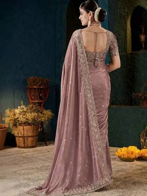 Mauve embroidered satin designer saree 2
