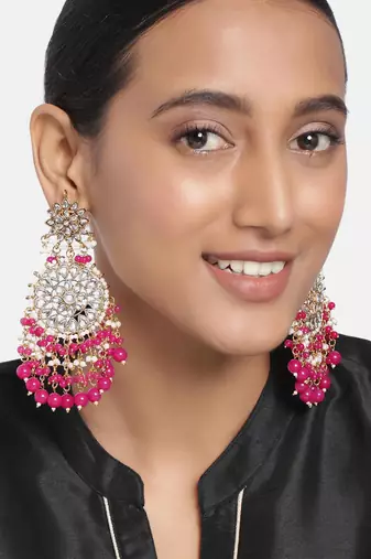Elegant wear faux kundan studded drop dangle earrings with beaded