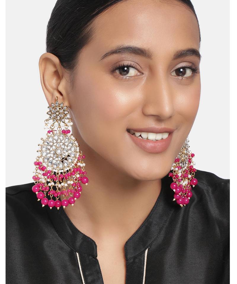 Elegant wear faux kundan studded drop dangle earrings with beaded