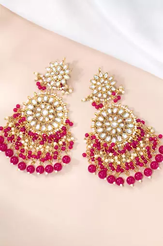 Elegant wear faux kundan studded drop dangle earrings with beaded