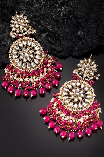 Elegant wear faux kundan studded drop dangle earrings with beaded