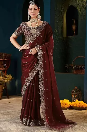 Maroon zari satin designer saree