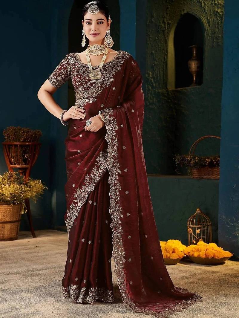 Maroon zari satin designer saree