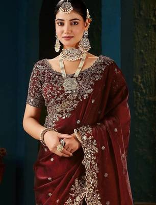 Maroon zari satin designer saree 2