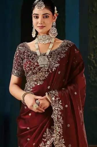 Maroon zari satin designer saree