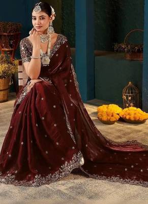 Maroon zari satin designer saree 3
